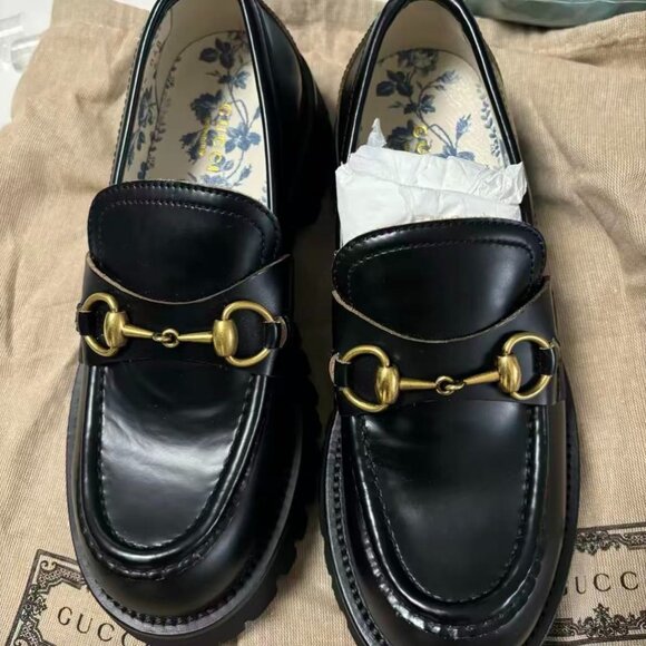 GUCCI Women's Leather Loafers with Horsebit Detail and Textured Thick Sole - Bla - Picture 1 of 4